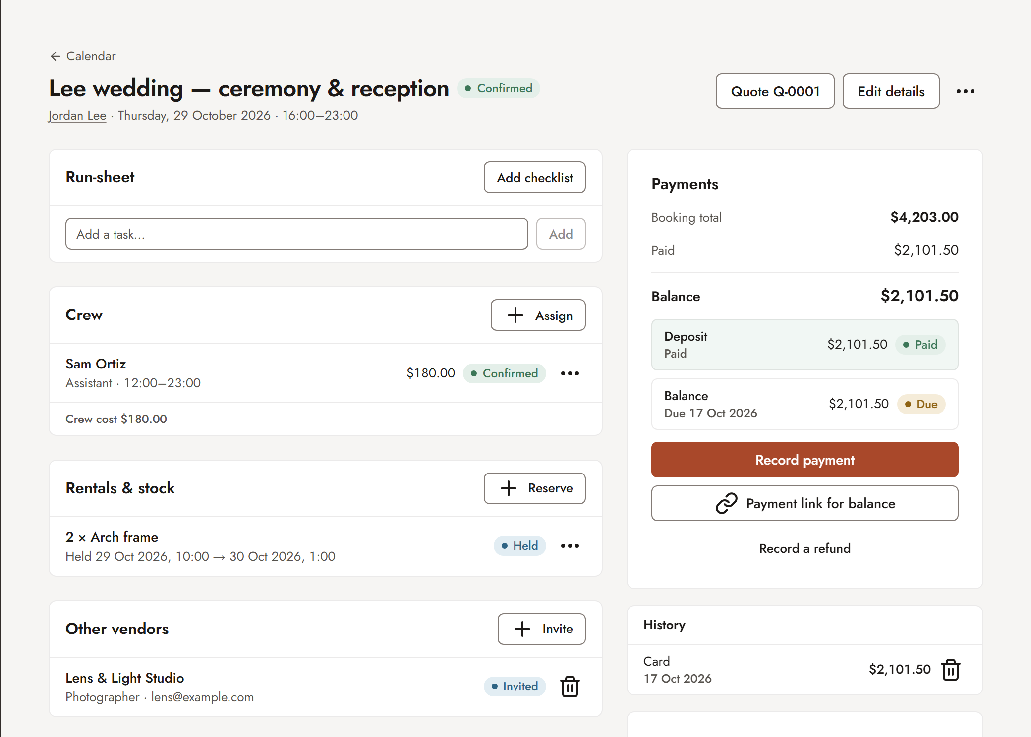 Booking with payment schedule