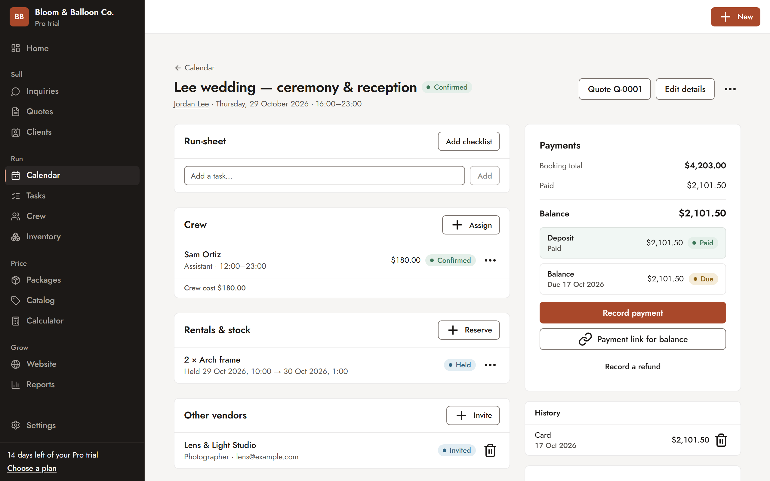 Sarvyam booking screen with the run-sheet, an assigned crew member, items held for the event, other vendors invited to the event and the deposit and balance payments