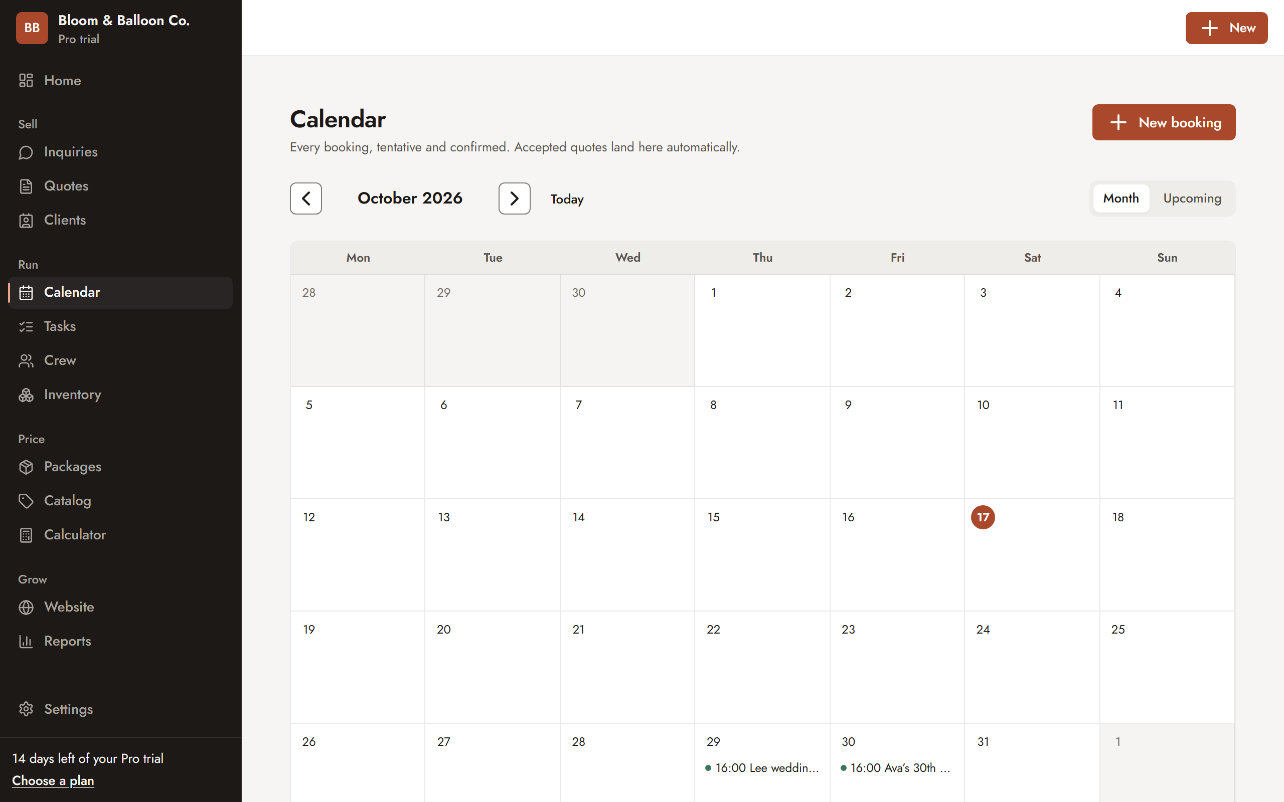 Sarvyam calendar for October with bookings shown on their dates