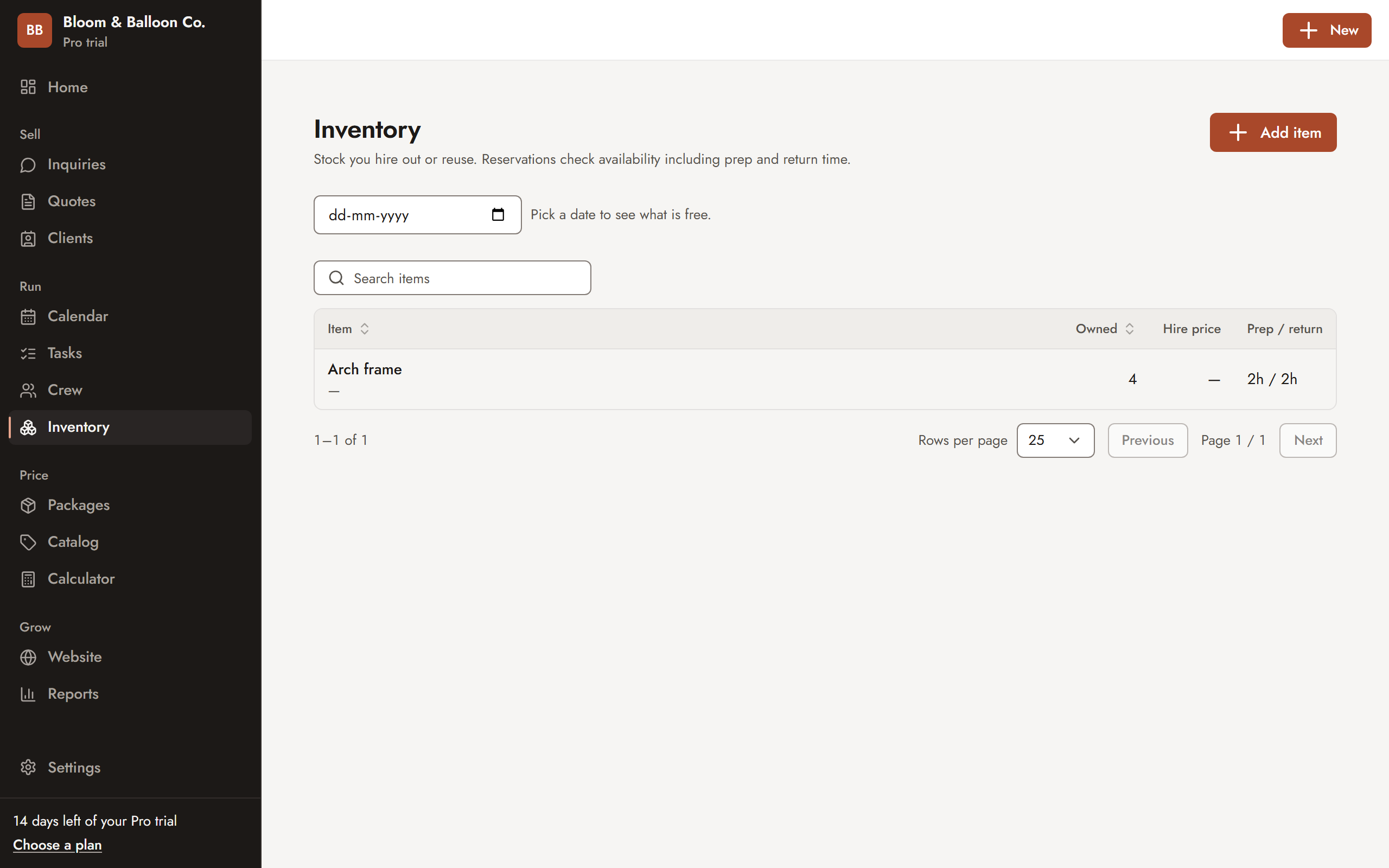 Sarvyam inventory screen: items with quantity owned, hire price and prep and return time, and a date picker to see what is free