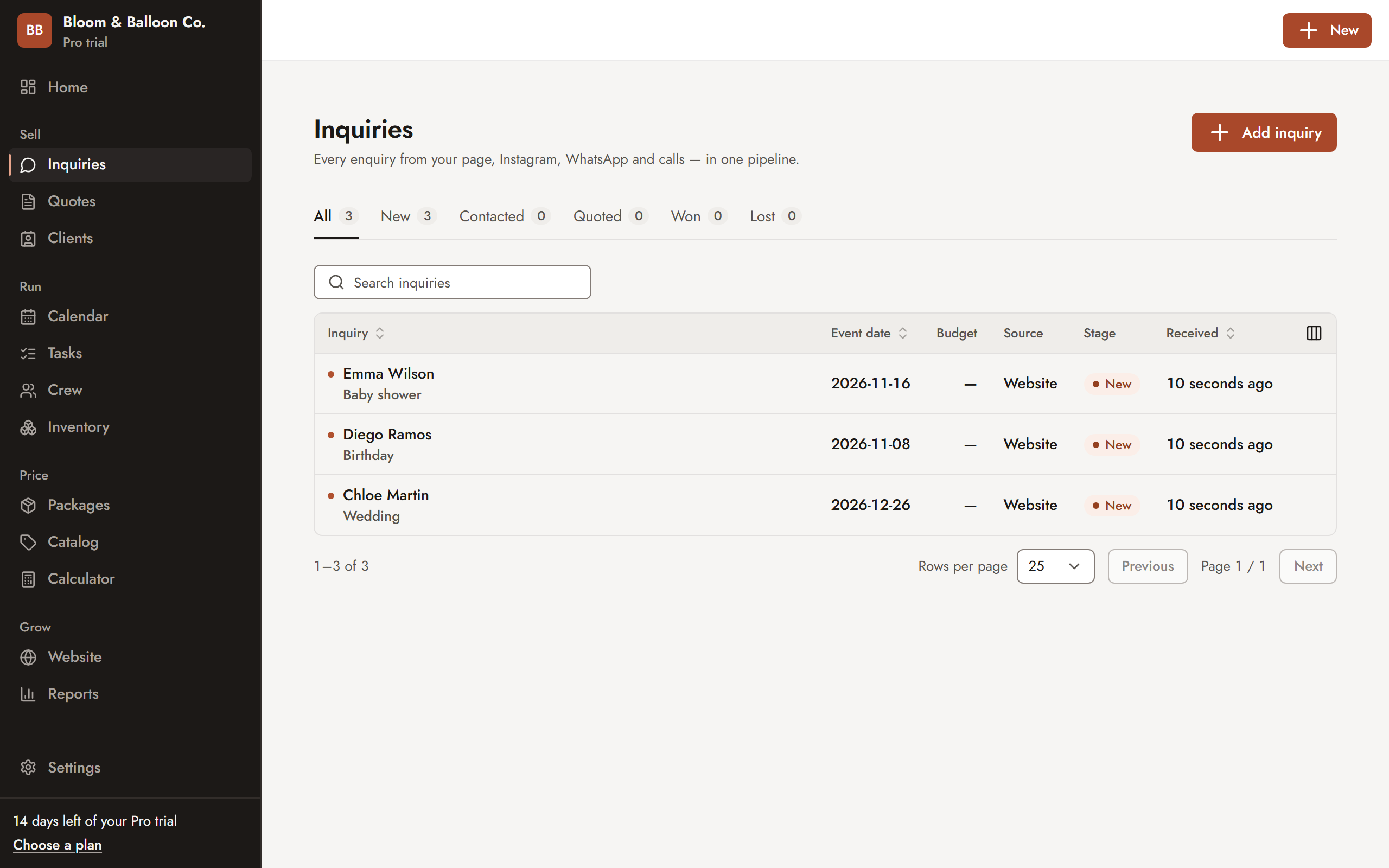 Sarvyam inquiries pipeline with tabs for new, contacted, quoted, won and lost inquiries, and their event date, budget, source and stage