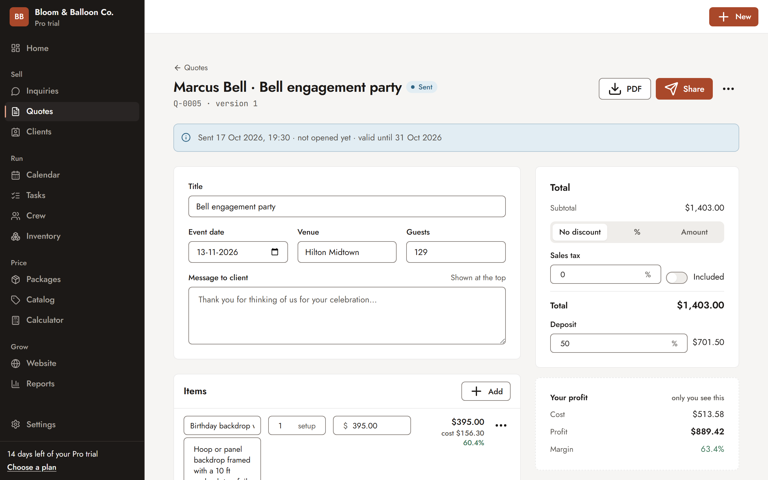 Sarvyam quote editor with items, sales tax, deposit and the private profit and margin on the quote