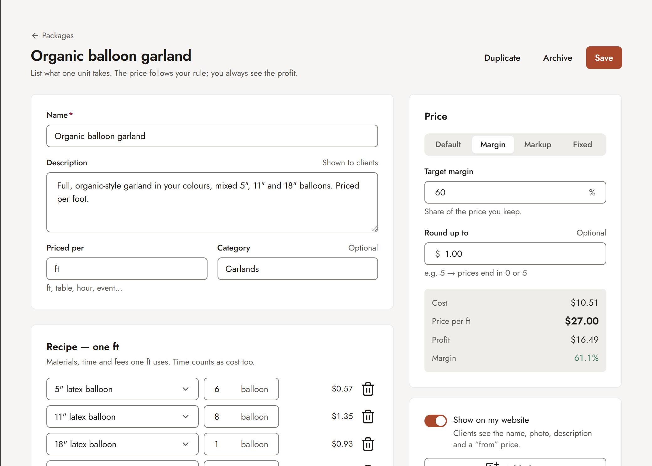 Package recipe with cost, price and margin