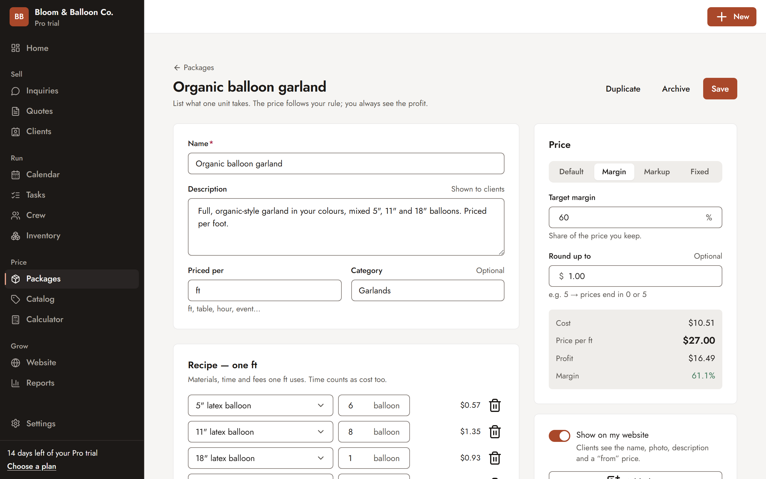 Sarvyam package editor: an organic balloon garland recipe per foot with cost, price, profit and margin